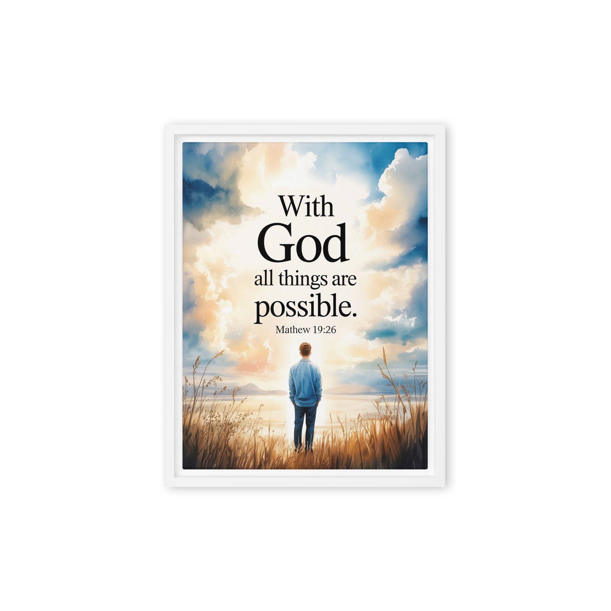 Matthew 19:26 Bible Verse Jesus Framed Canvas White 9″×12″