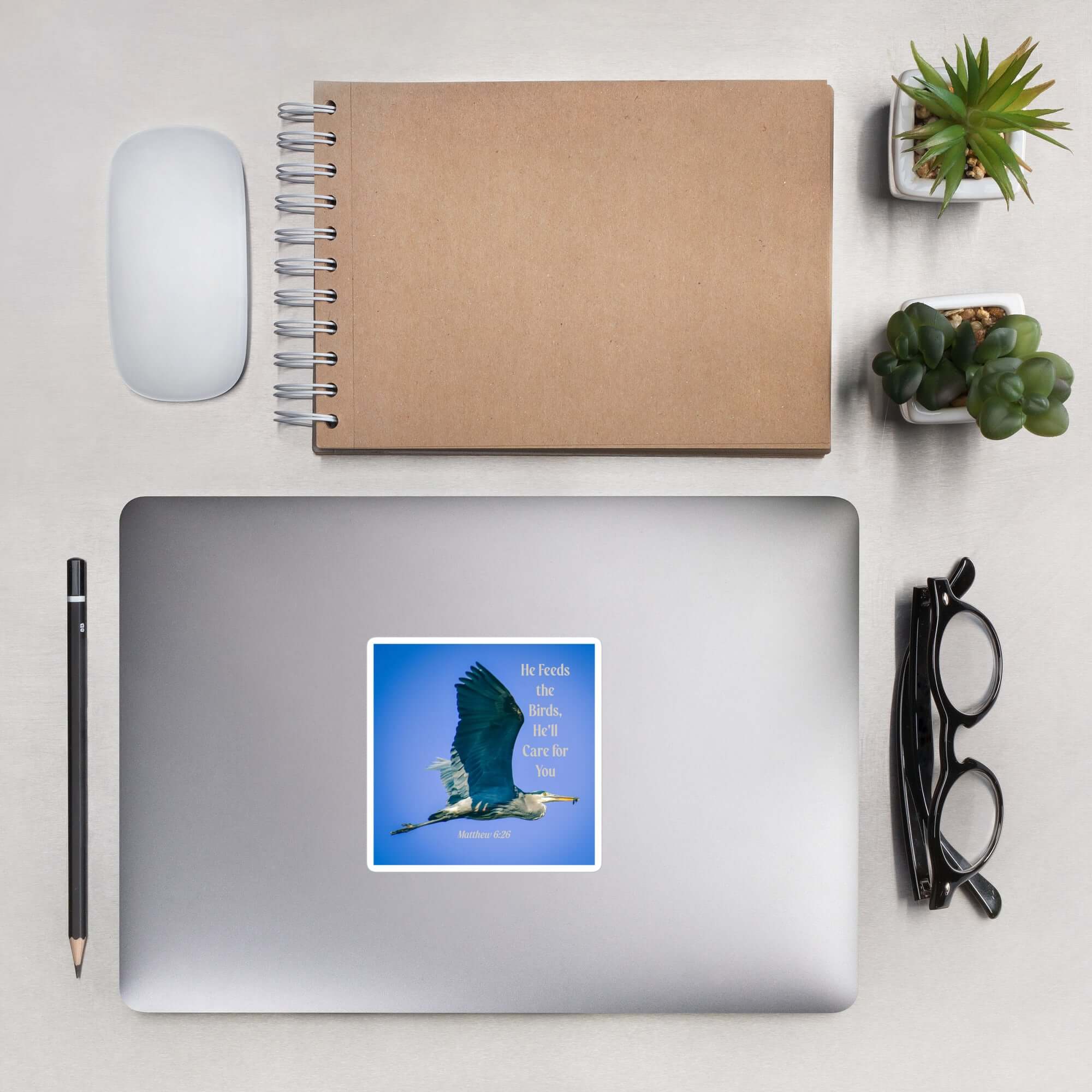 Matthew 6:26 Graceful Heron, He'll Care for You Kiss-Cut Sticker Stationery 4″×4″