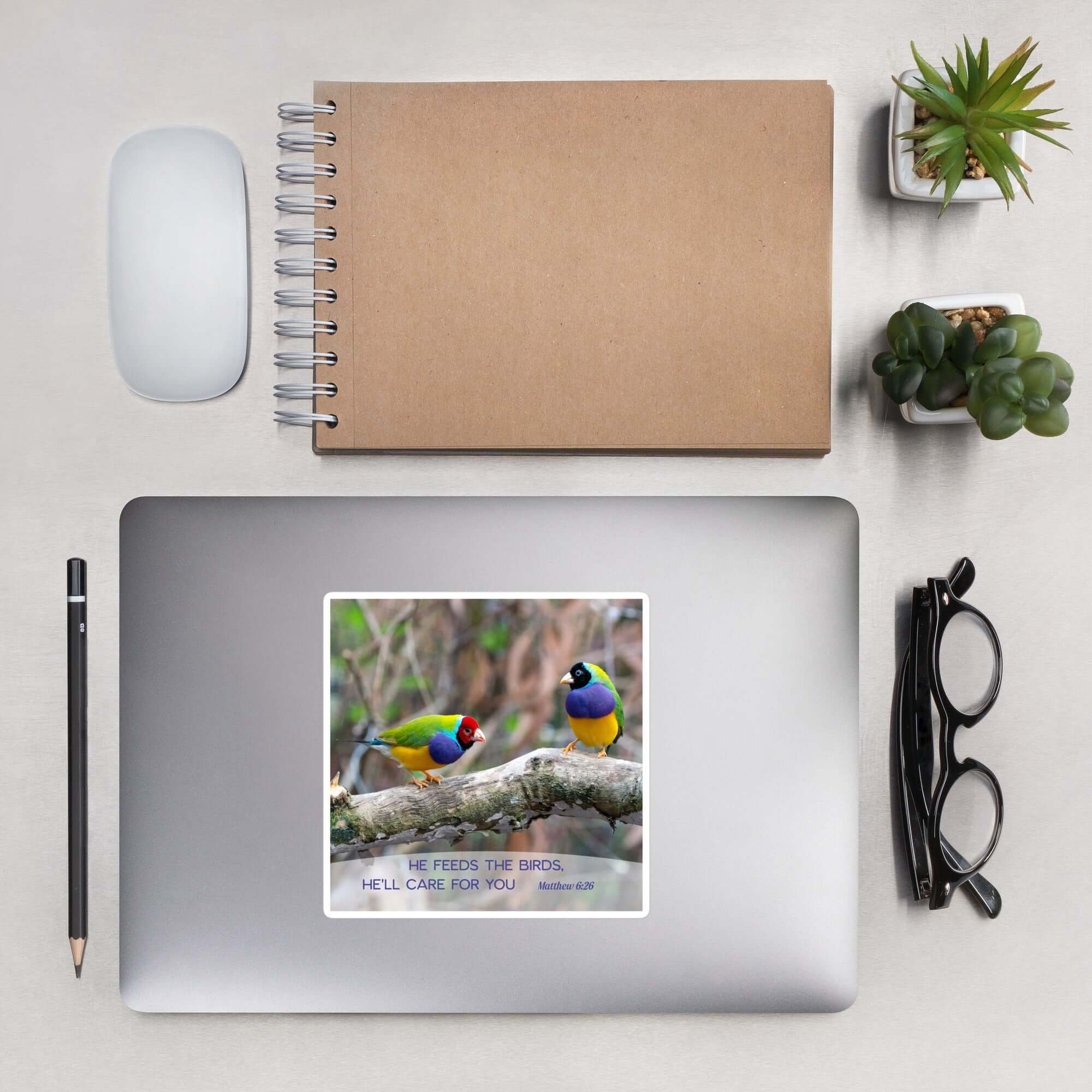 Matthew 6:26 Gouldian Finches, He'll Care for You Kiss-Cut Sticker Stationery 5.5″×5.5″