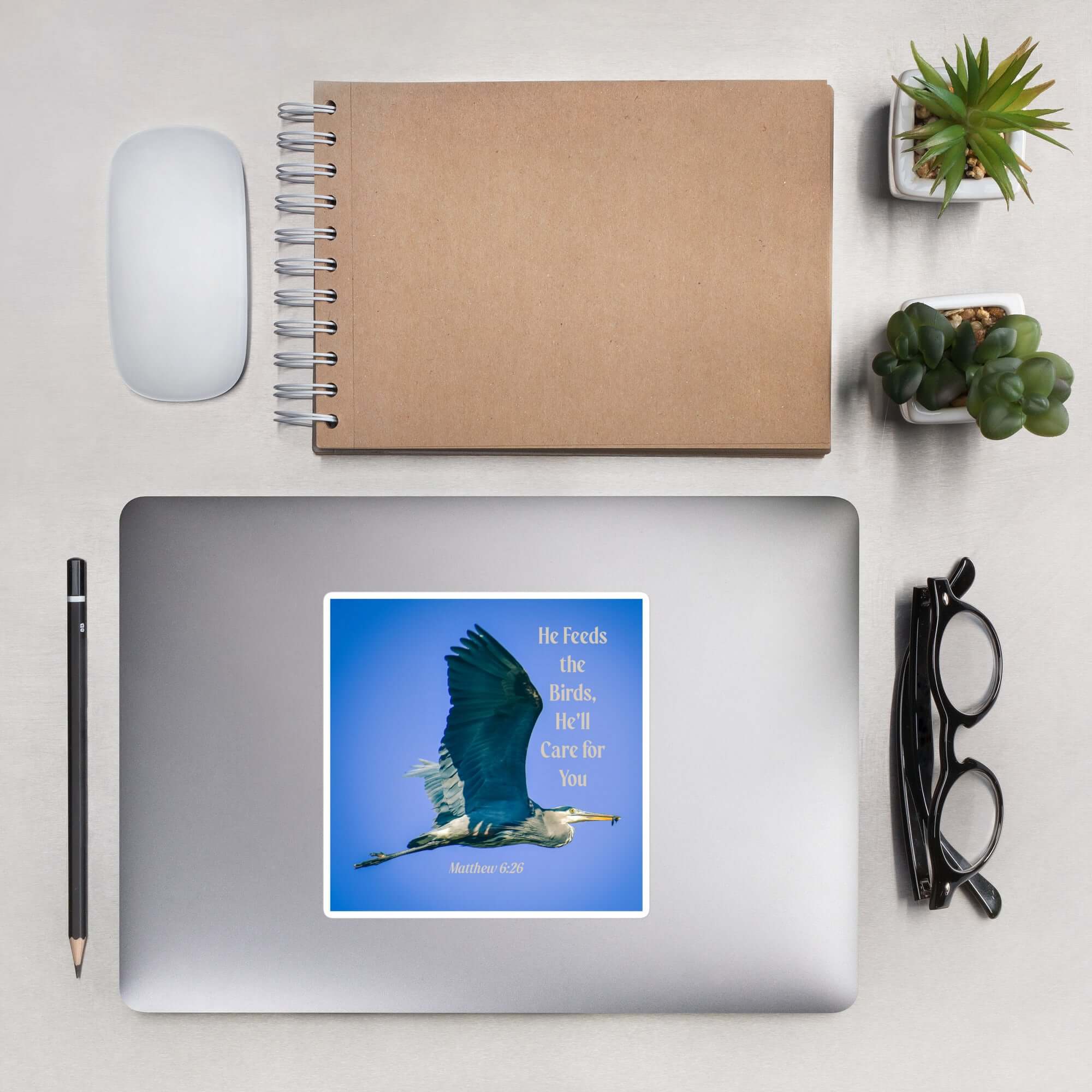 Matthew 6:26 Graceful Heron, He'll Care for You Kiss-Cut Sticker Stationery 5.5″×5.5″