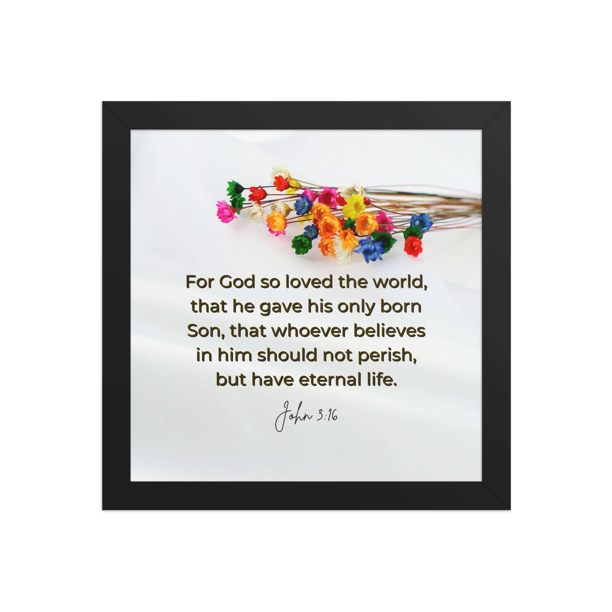 John 3:16 Bible Verse, He gave His Son Premium Luster Photo Paper Framed Poster Wall Art Black 10″×10″
