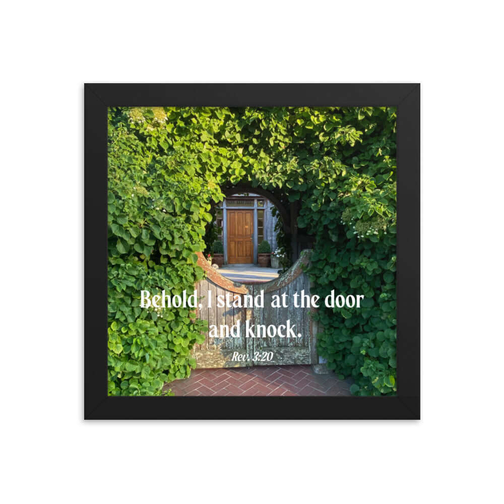 Revelation 3:20 Bible Verse, Garden Doorway Premium Luster Photo Paper Framed Poster Wall Art Black 10″×10″