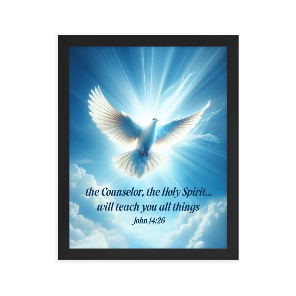 John 14:26 Bible Verse, Holy Spirit Dove Premium Luster Photo Paper Framed Poster Wall Art Black 11″×14″