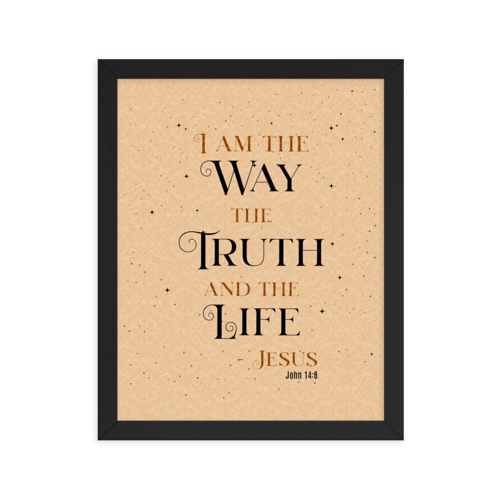 John 14:6 Bible Verse, Color Text Brown Background Premium Luster Photo Paper Framed Poster Wall Art Black 11″×14″