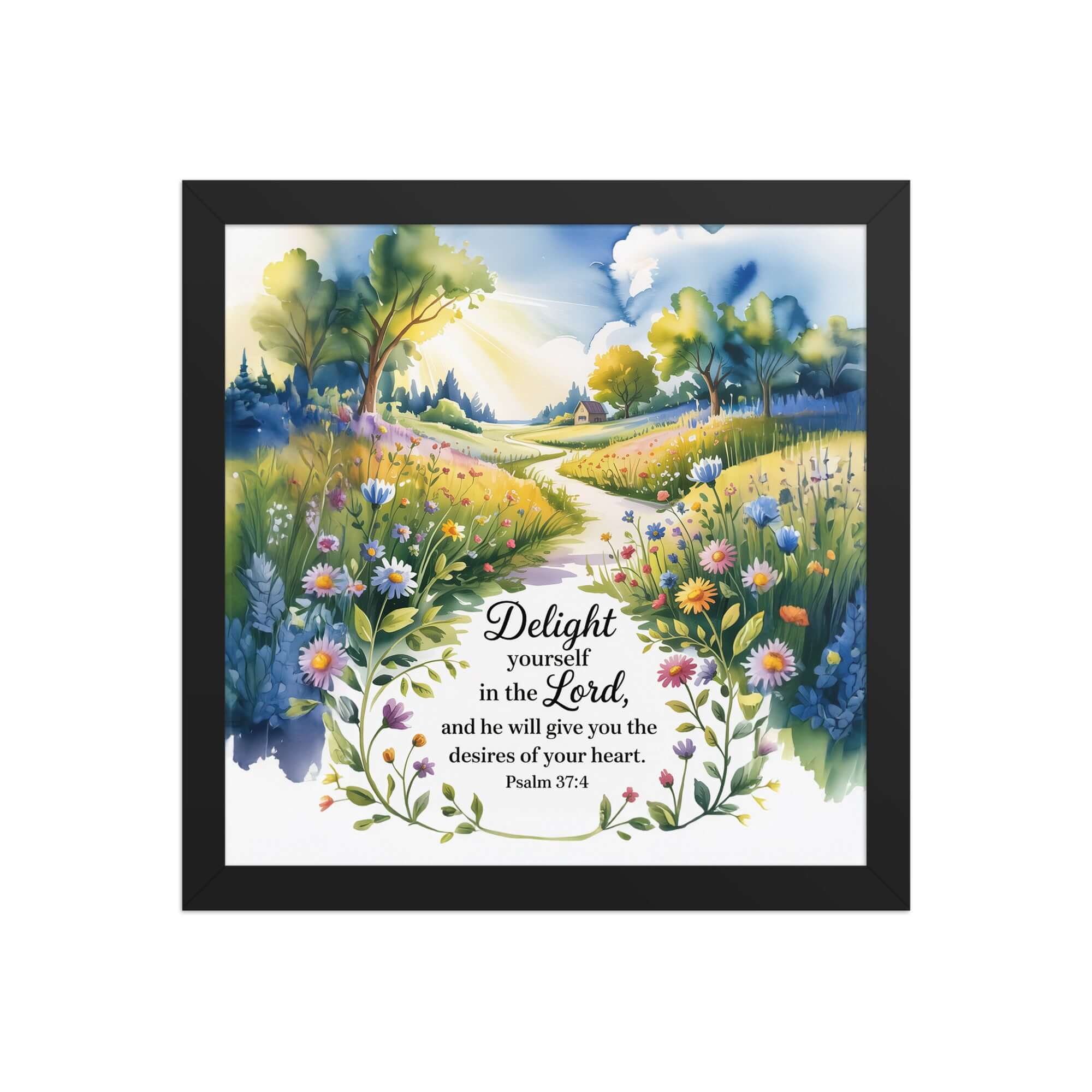 Psalm 37:4 Bible Verse, desires Premium Luster Photo Paper Framed Poster Black 12″×12″