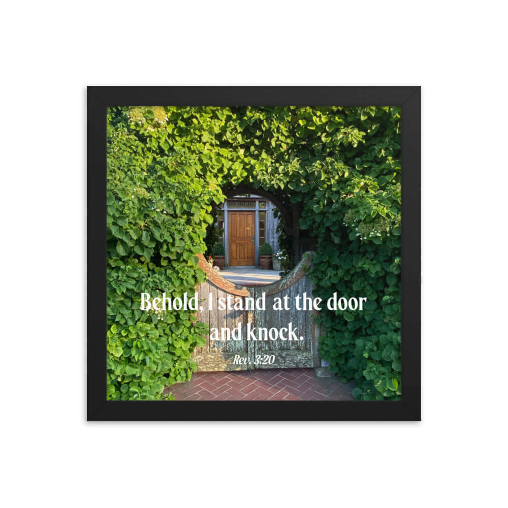 Revelation 3:20 Bible Verse, Garden Doorway Premium Luster Photo Paper Framed Poster Wall Art Black 12″×12″