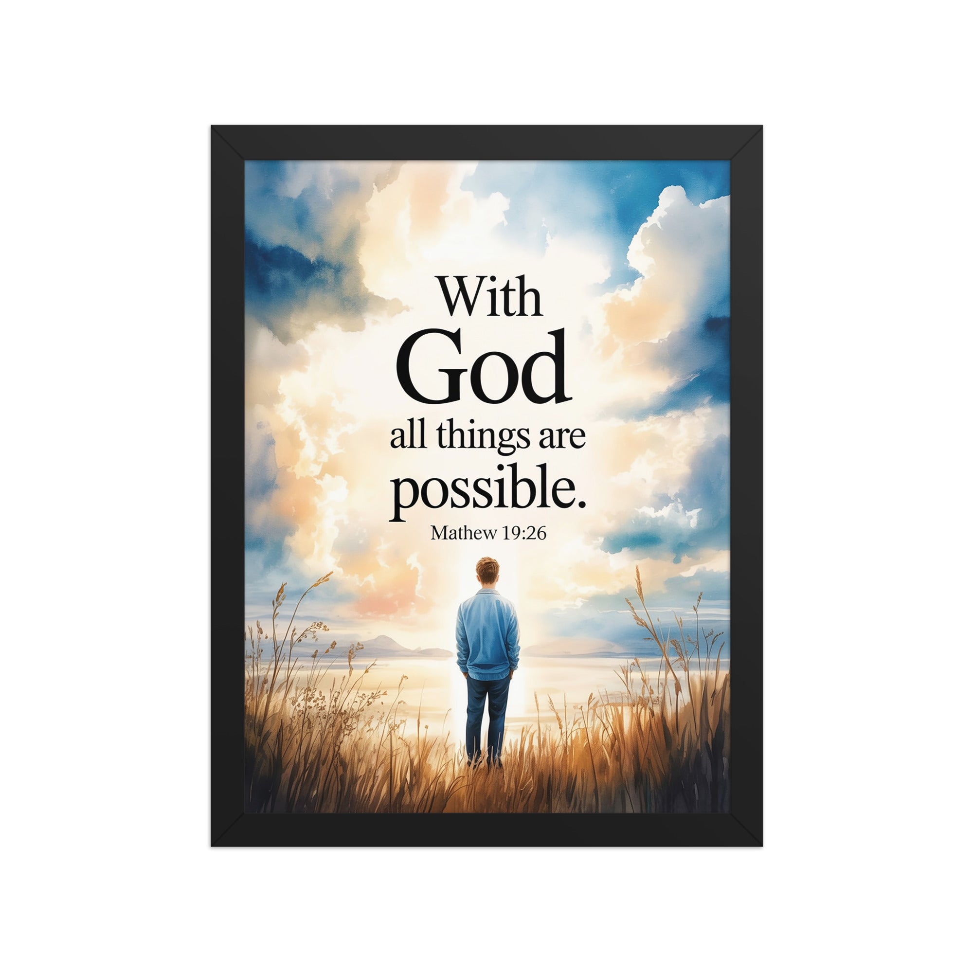 Matthew 19:26 Bible Verse Jesus Premium Luster Photo Paper Framed Poster Black 12″×16″