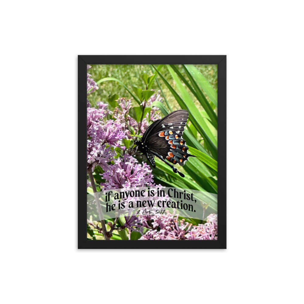 2 Corinthians 5:17 Bible Verse, Butterfly Premium Luster Photo Paper Framed Poster Wall Art Black 12″×16″