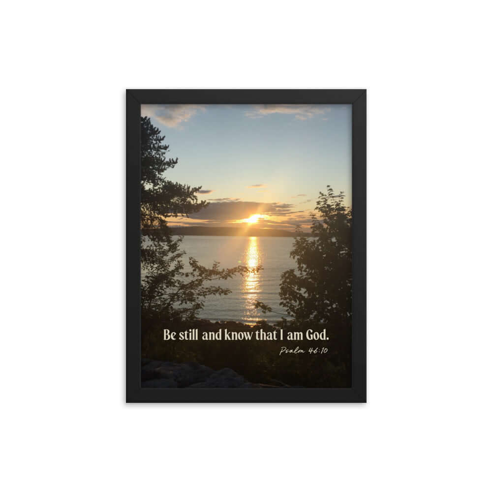 Psalm 46:10 Bible Verse, Sunset Glory Premium Luster Photo Paper Framed Poster Wall Art Black 12″×16″