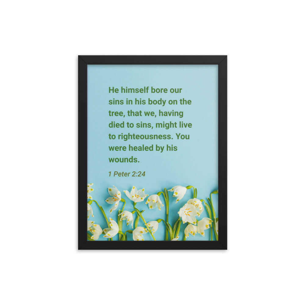 1 Peter 2:24 Bible Verse, healed by His wounds Premium Luster Photo Paper Framed Poster Wall Art Black 12″×16″