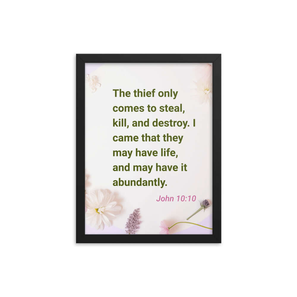 John 10:10 Bible Verse, Abundant Life Premium Luster Photo Paper Framed Poster Wall Art Black 12″×16″