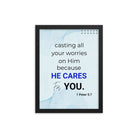 1 Peter 5:7 Bible Verse, casting all your worries on Him Premium Luster Photo Paper Framed Poster Wall Art Black 12″×16″