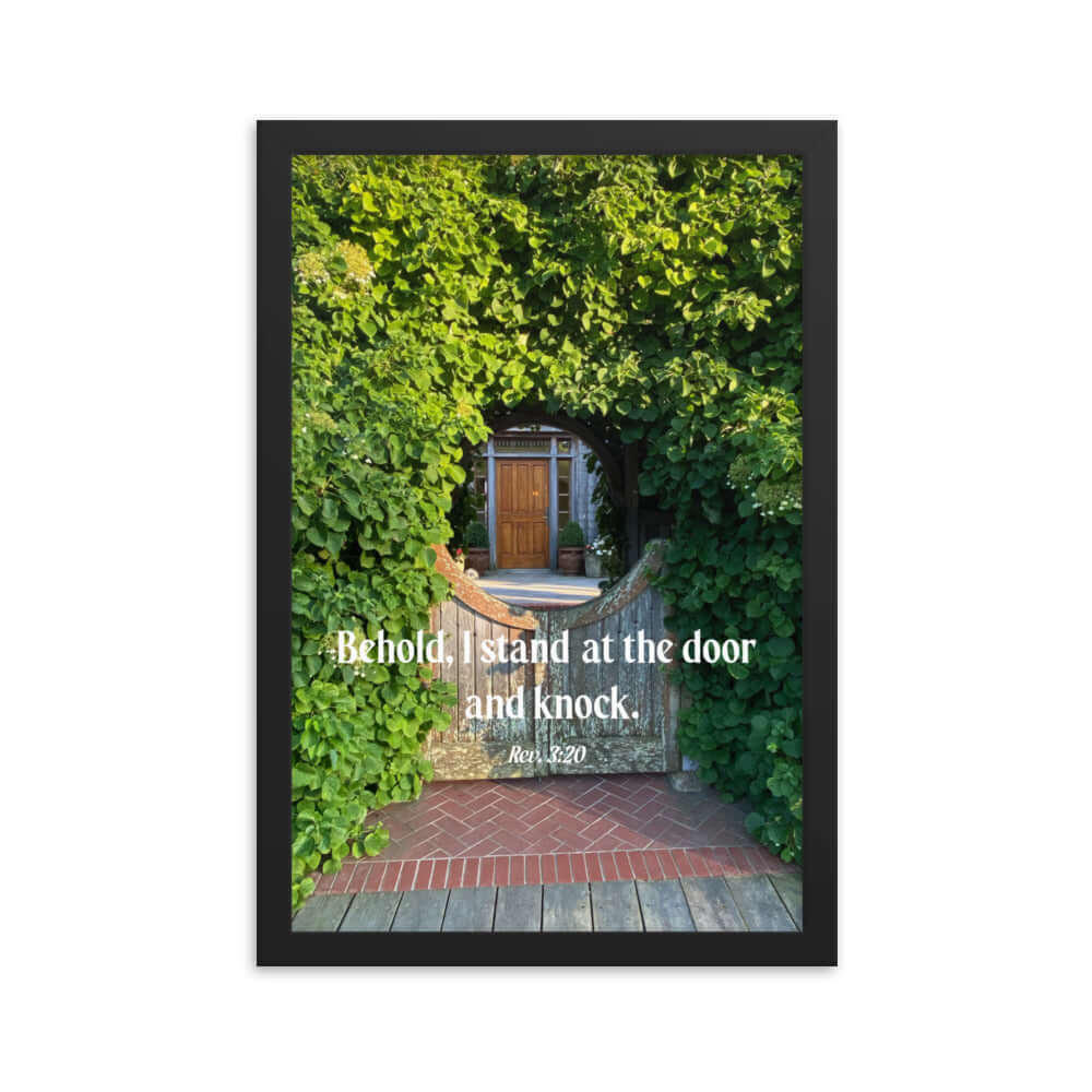 Revelation 3:20 Bible Verse, Garden Doorway Premium Luster Photo Paper Framed Poster Wall Art Black 12″×18″