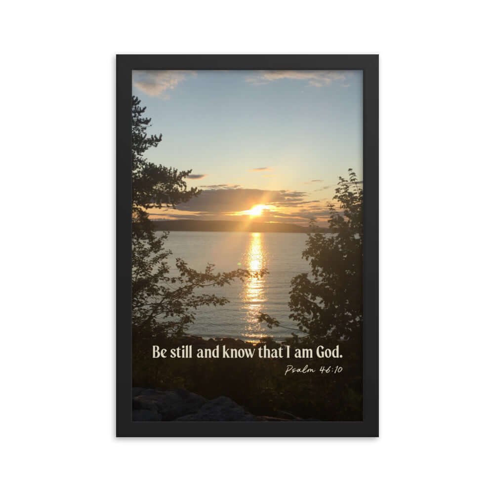 Psalm 46:10 Bible Verse, Sunset Glory Premium Luster Photo Paper Framed Poster Wall Art Black 12″×18″