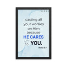1 Peter 5:7 Bible Verse, casting all your worries on Him Premium Luster Photo Paper Framed Poster Wall Art Black 12″×18″