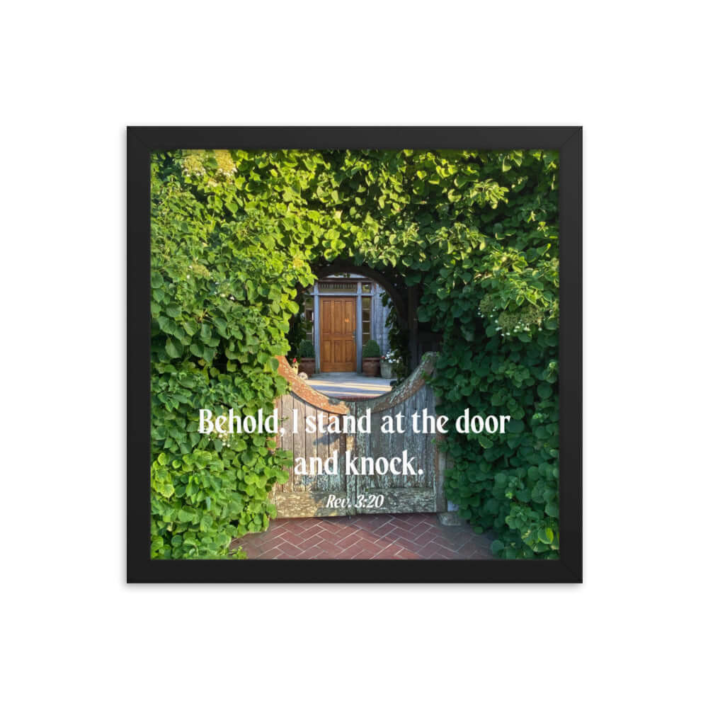 Revelation 3:20 Bible Verse, Garden Doorway Premium Luster Photo Paper Framed Poster Wall Art Black 14″×14″