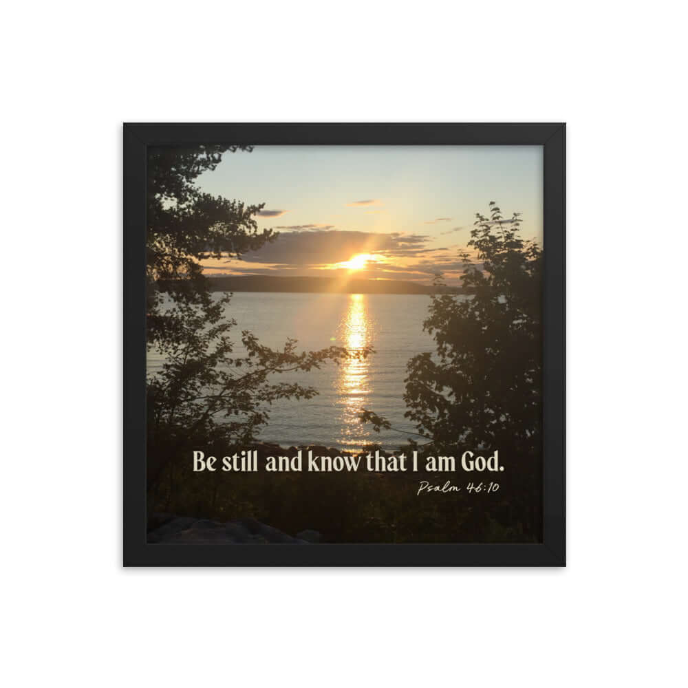Psalm 46:10 Bible Verse, Sunset Glory Premium Luster Photo Paper Framed Poster Wall Art Black 14″×14″