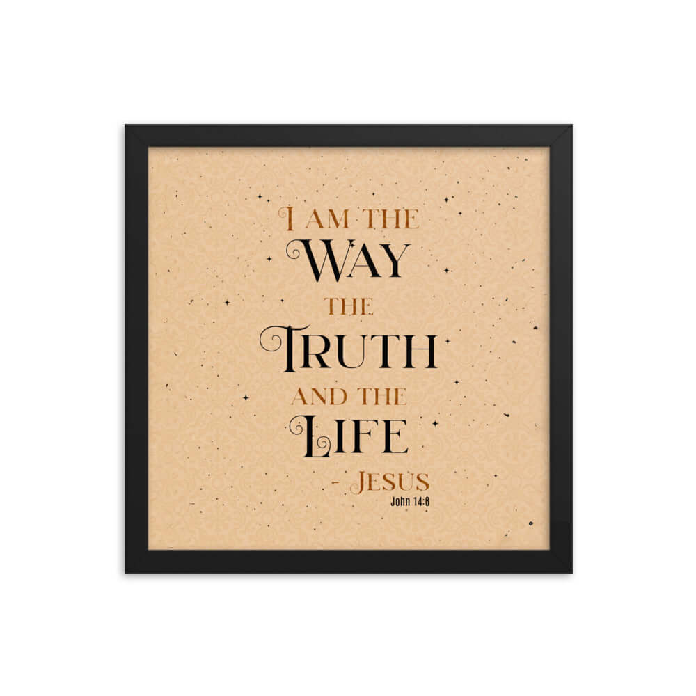 John 14:6 Bible Verse, Color Text Brown Background Premium Luster Photo Paper Framed Poster Wall Art Black 14″×14″