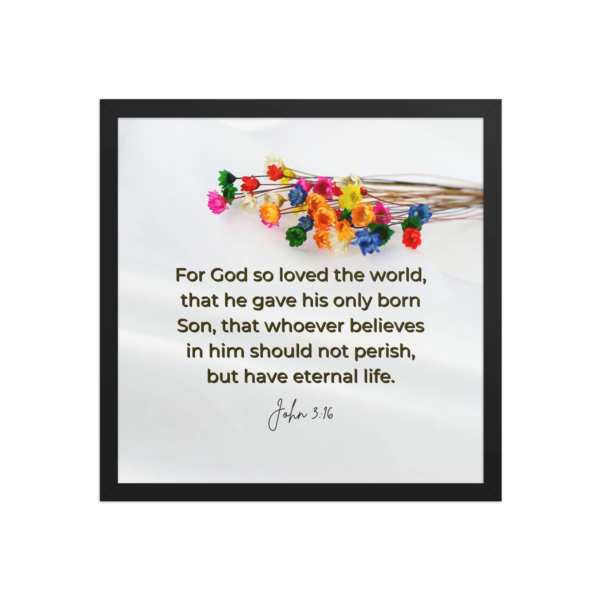 John 3:16 Bible Verse, He gave His Son Premium Luster Photo Paper Framed Poster Wall Art Black 16″×16″