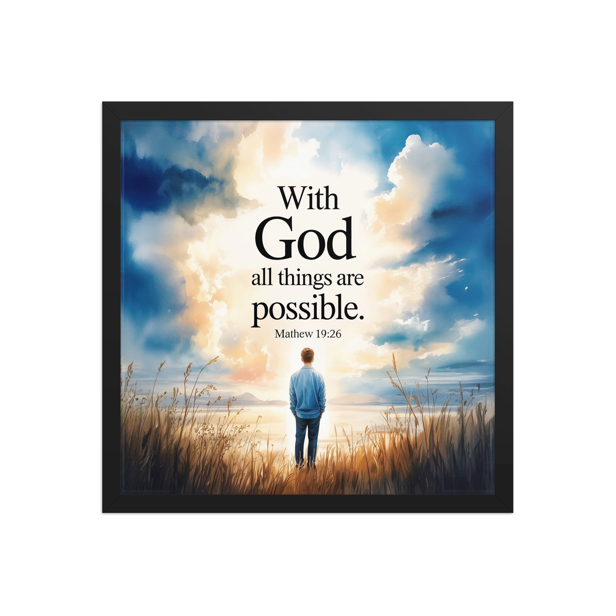 Matthew 19:26 Bible Verse Jesus Premium Luster Photo Paper Framed Poster Black 16″×16″