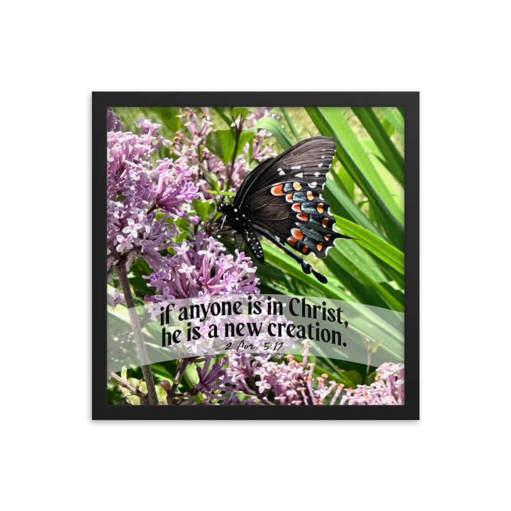 2 Corinthians 5:17 Bible Verse, Butterfly Premium Luster Photo Paper Framed Poster Wall Art Black 16″×16″