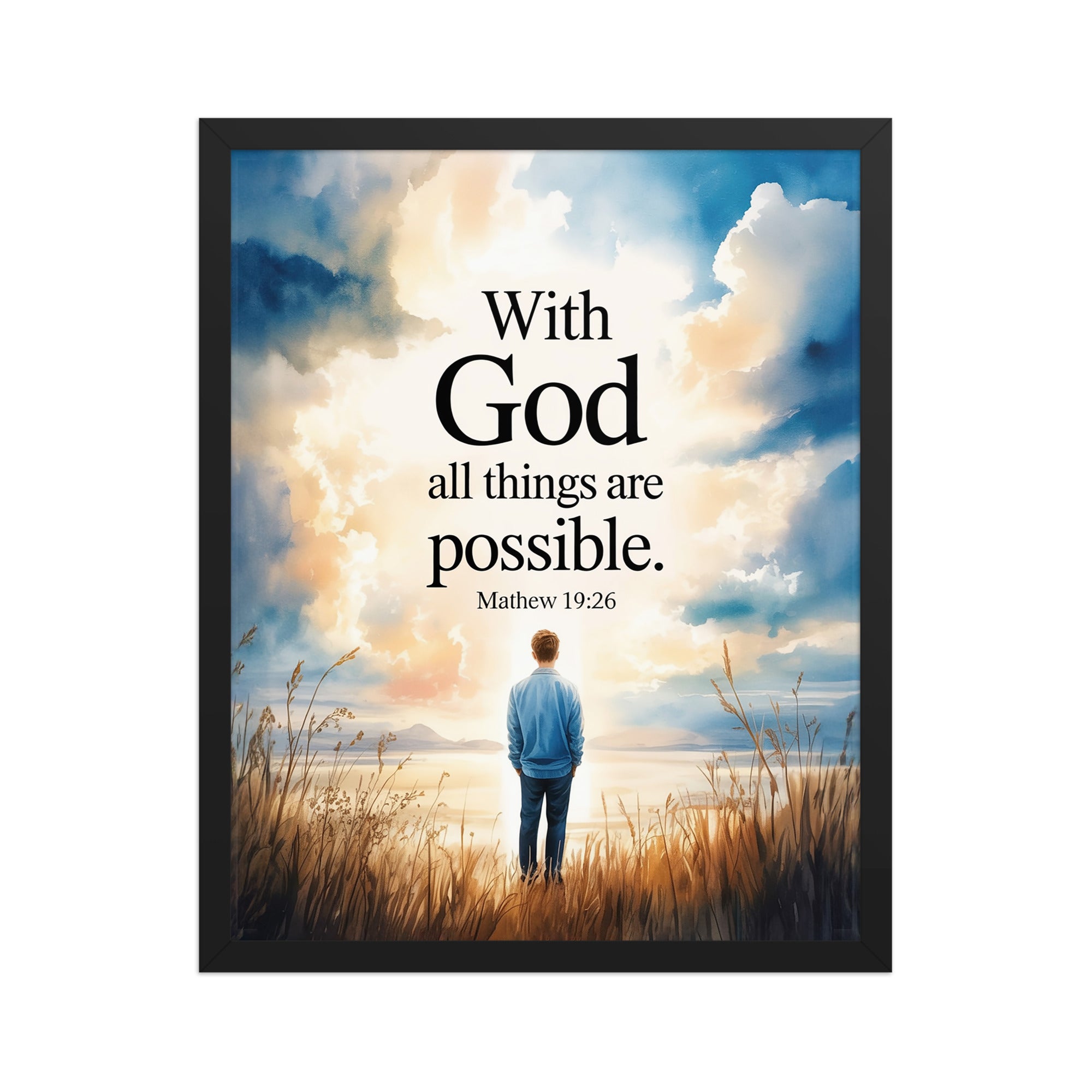 Matthew 19:26 Bible Verse Jesus Premium Luster Photo Paper Framed Poster Black 16″×20″