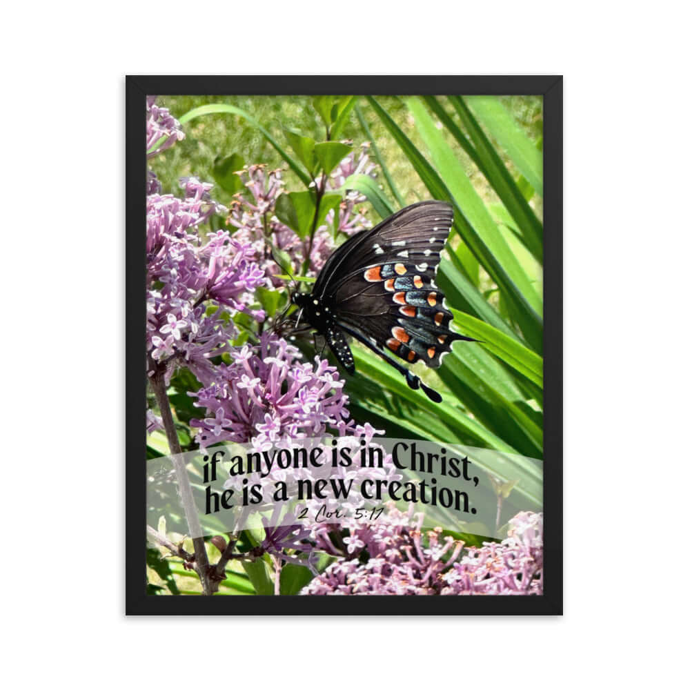 2 Corinthians 5:17 Bible Verse, Butterfly Premium Luster Photo Paper Framed Poster Wall Art Black 16″×20″