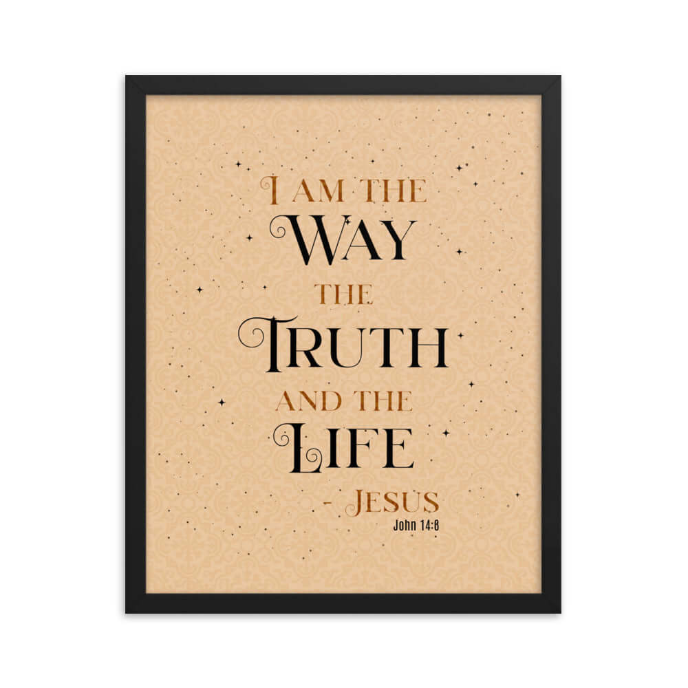 John 14:6 Bible Verse, Color Text Brown Background Premium Luster Photo Paper Framed Poster Wall Art Black 16″×20″