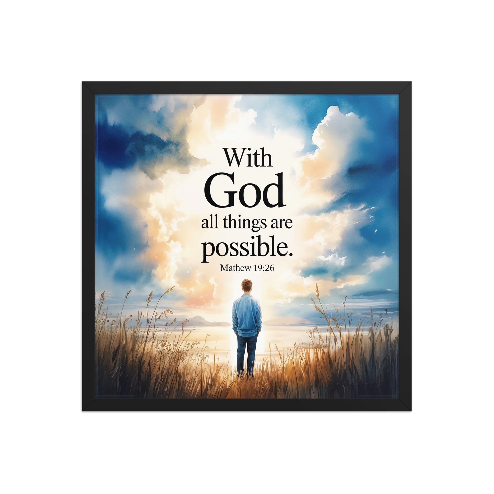 Matthew 19:26 Bible Verse Jesus Premium Luster Photo Paper Framed Poster Black 18″×18″