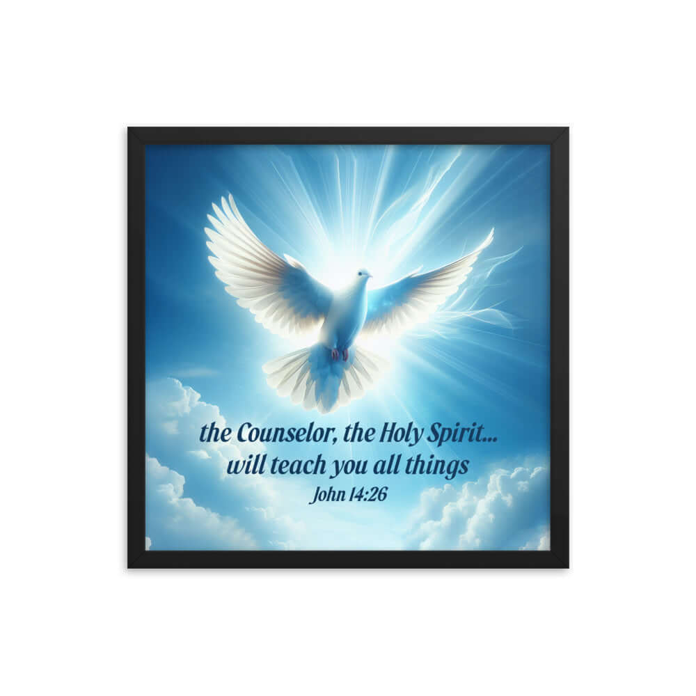John 14:26 Bible Verse, Holy Spirit Dove Premium Luster Photo Paper Framed Poster Wall Art Black 18″×18″