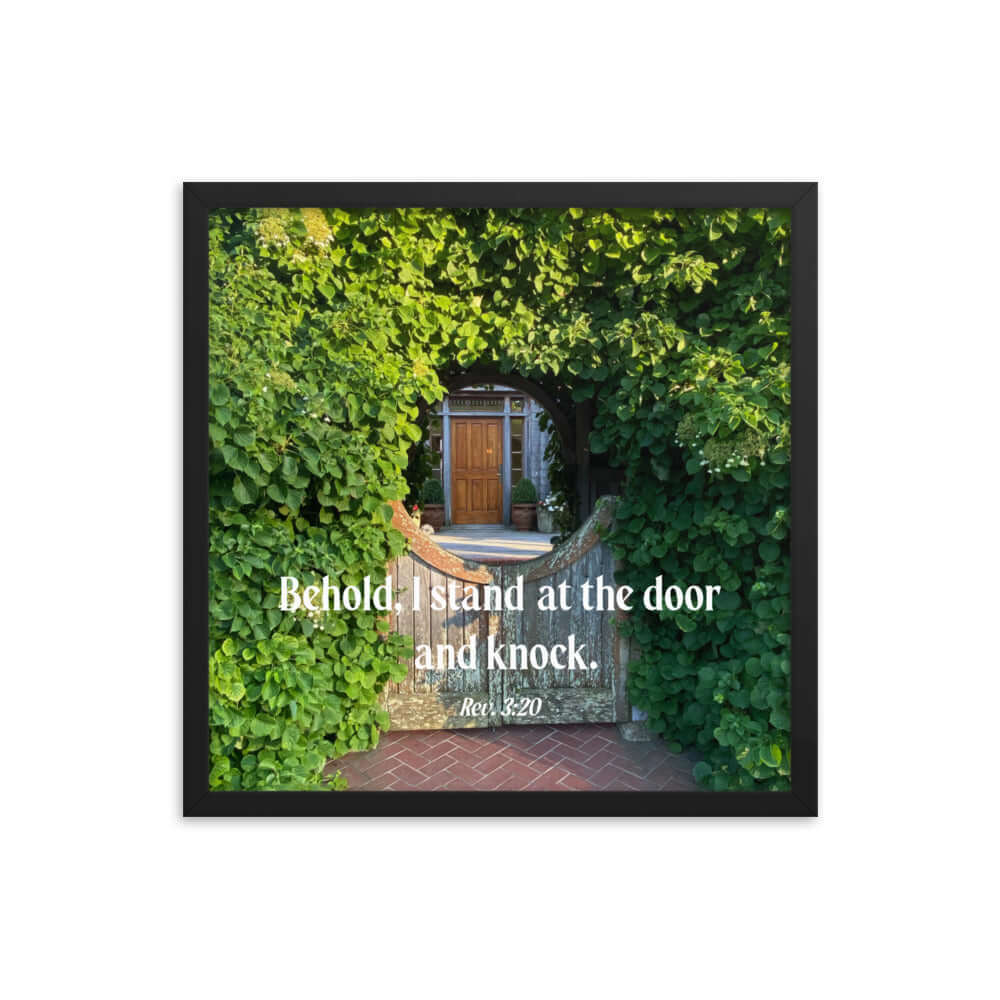 Revelation 3:20 Bible Verse, Garden Doorway Premium Luster Photo Paper Framed Poster Wall Art Black 18″×18″