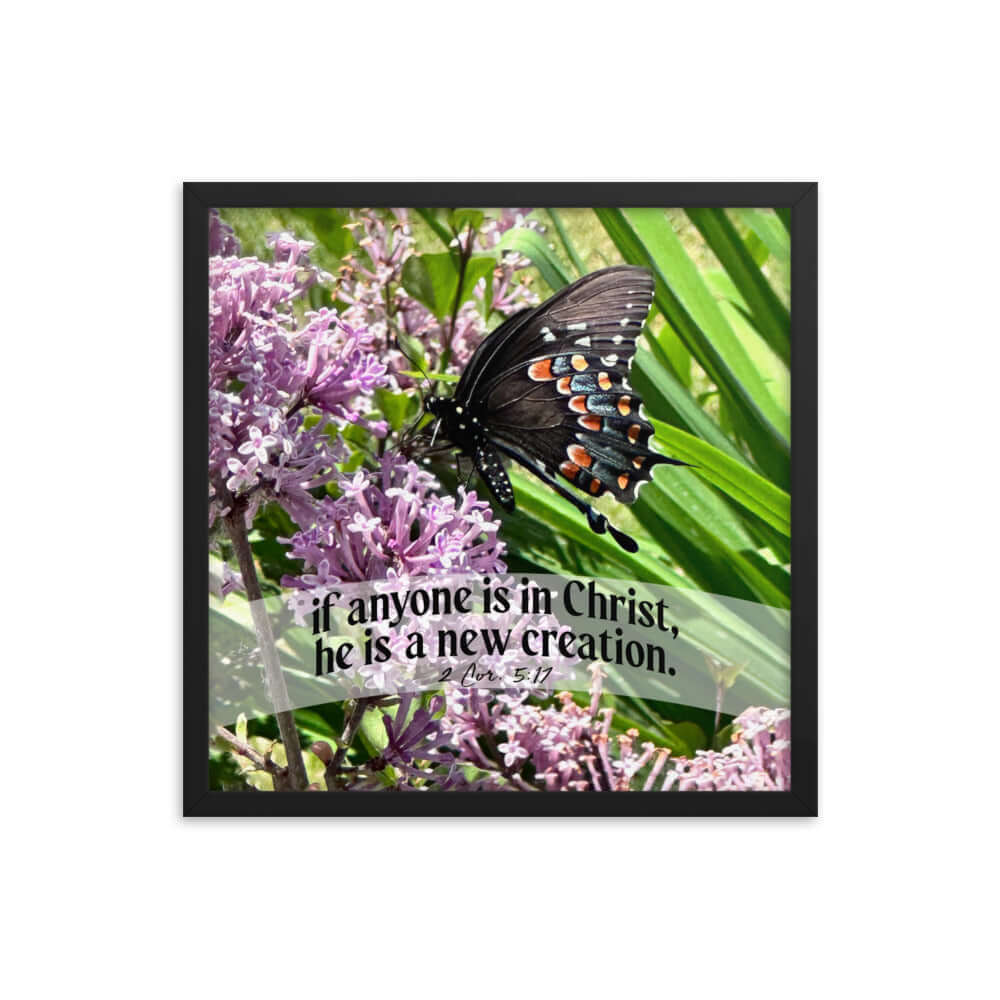 2 Corinthians 5:17 Bible Verse, Butterfly Premium Luster Photo Paper Framed Poster Wall Art Black 18″×18″