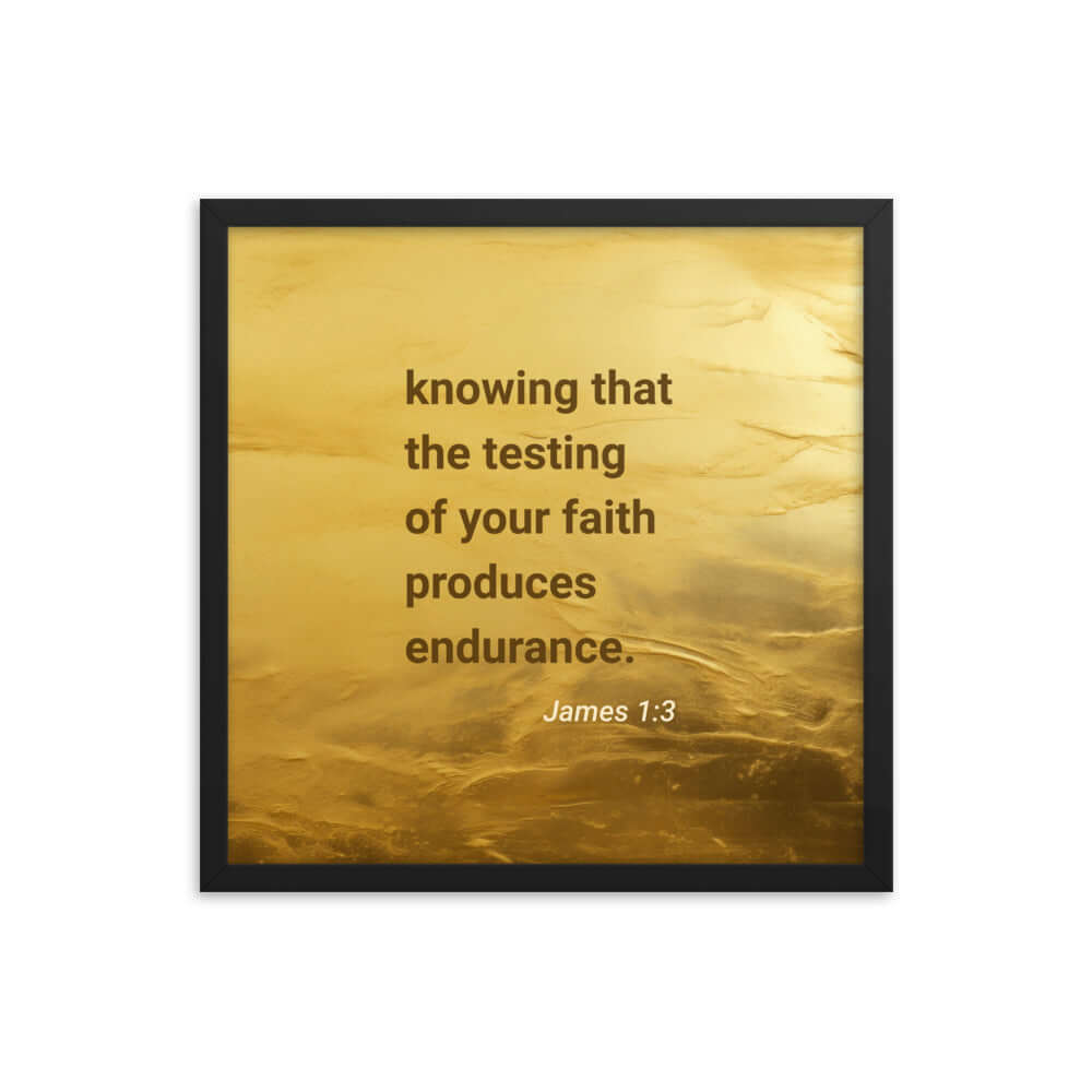 James 1:3 Bible Verse, testing of your faith Premium Luster Photo Paper Framed Poster Wall Art Black 18″×18″