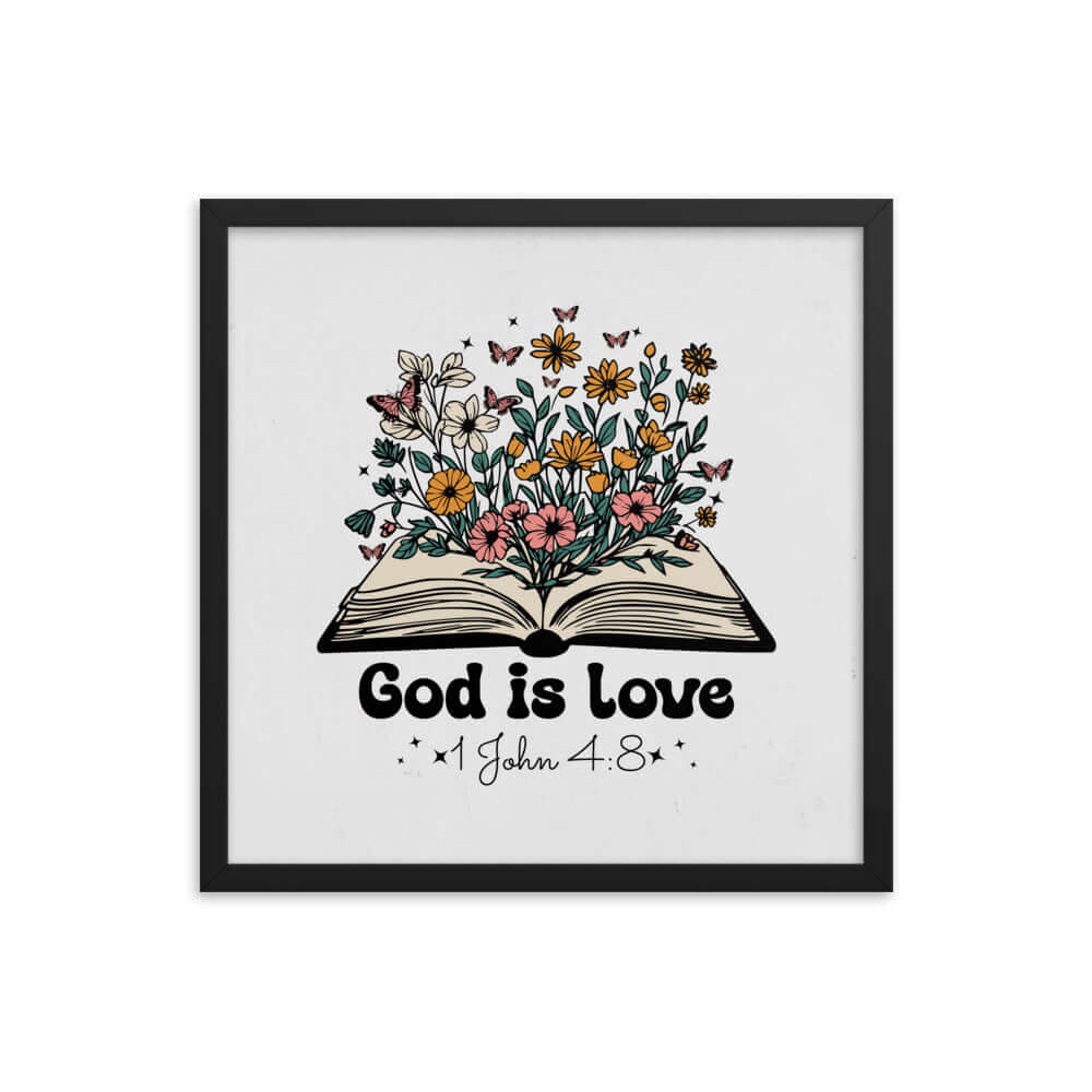 1 John 4:8 Bible Verse, God is Love Premium Luster Photo Paper Framed Poster Wall Art Black 18″×18″