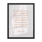 Revelation 21:4 Bible Verse, He will wipe Premium Luster Photo Paper Framed Poster Wall Art Black 18″×24″