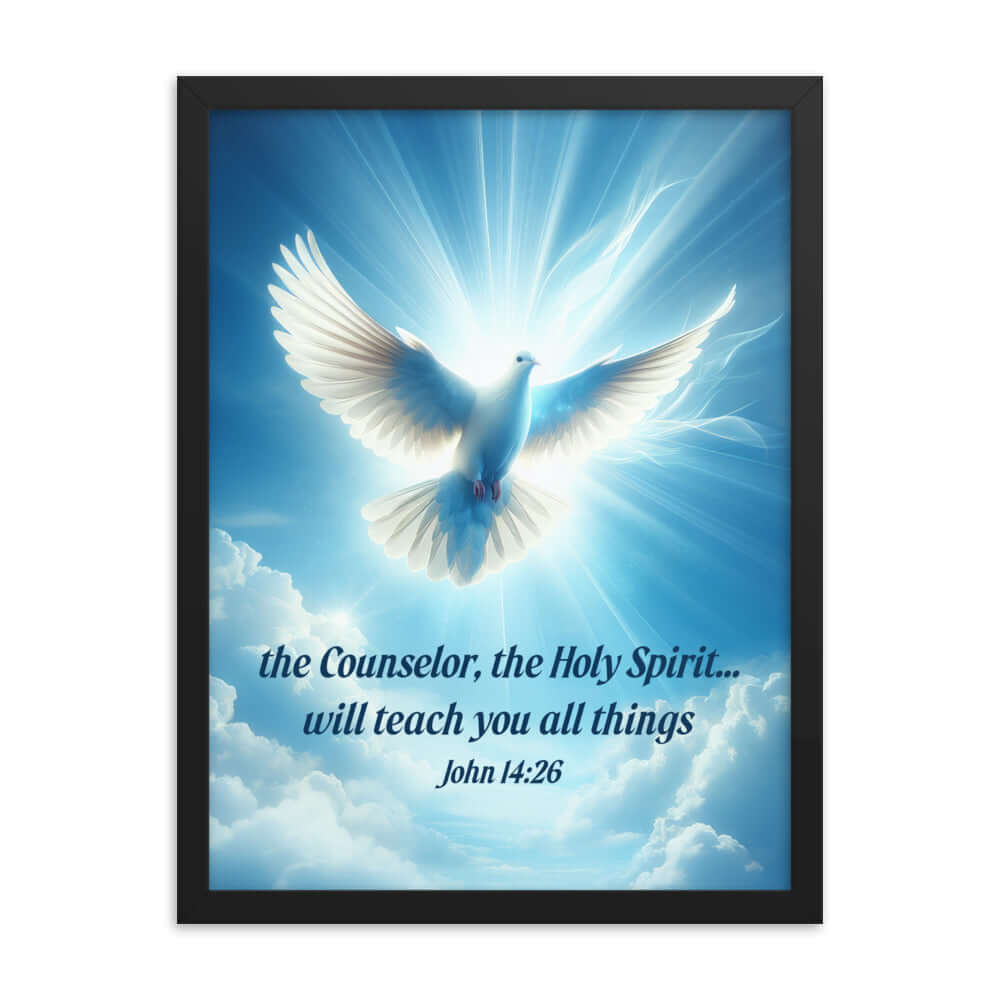 John 14:26 Bible Verse, Holy Spirit Dove Premium Luster Photo Paper Framed Poster Wall Art Black 18″×24″