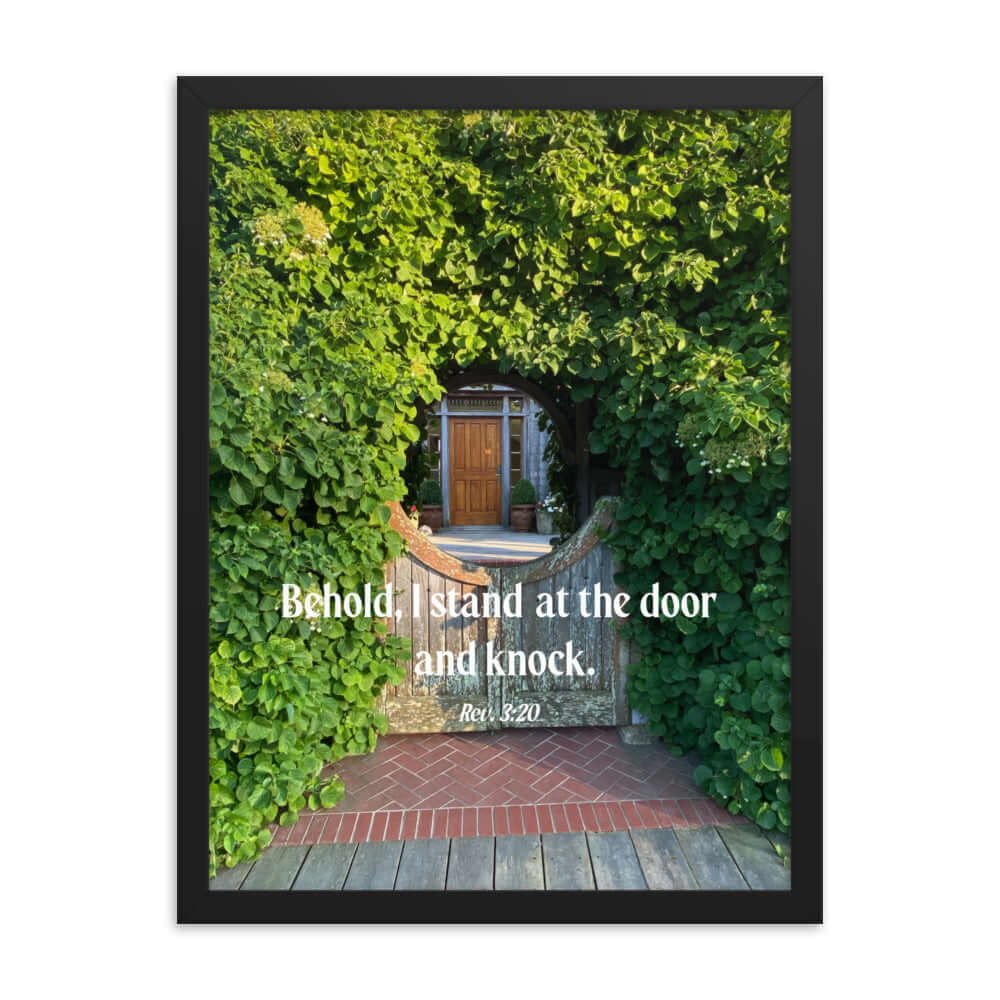 Revelation 3:20 Bible Verse, Garden Doorway Premium Luster Photo Paper Framed Poster Wall Art Black 18″×24″