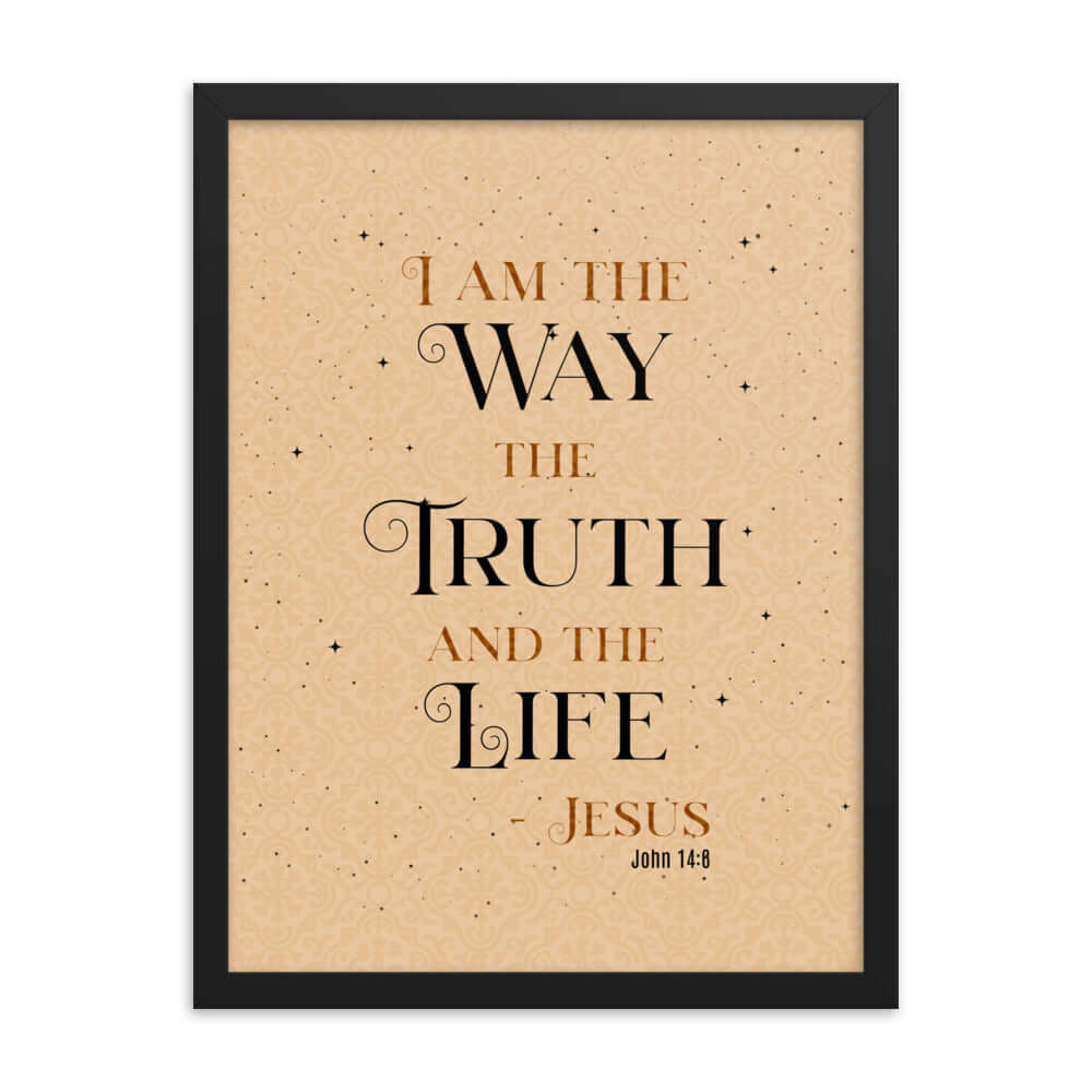 John 14:6 Bible Verse, Color Text Brown Background Premium Luster Photo Paper Framed Poster Wall Art