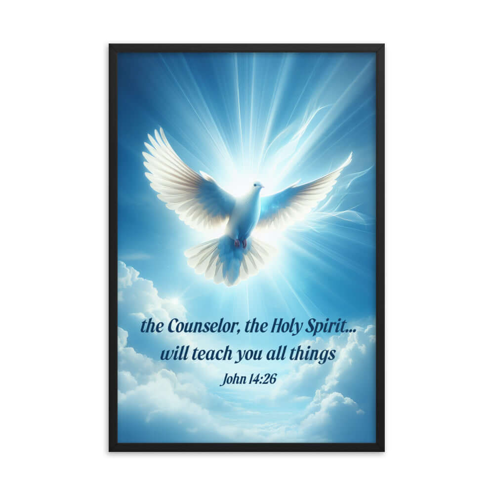 John 14:26 Bible Verse, Holy Spirit Dove Premium Luster Photo Paper Framed Poster Wall Art Black 24″×36″