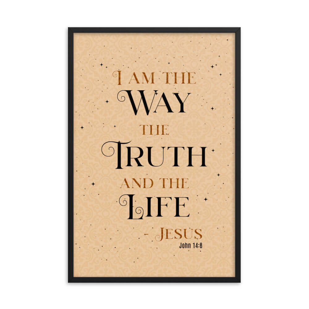 John 14:6 Bible Verse, Color Text Brown Background Premium Luster Photo Paper Framed Poster Wall Art Black 24″×36″