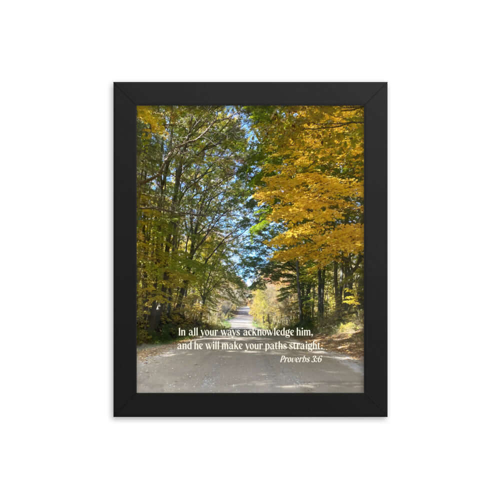 Proverbs 3:6 Bible Verse, Fall Road Premium Luster Photo Paper Framed Poster Wall Art Black 8″×10″