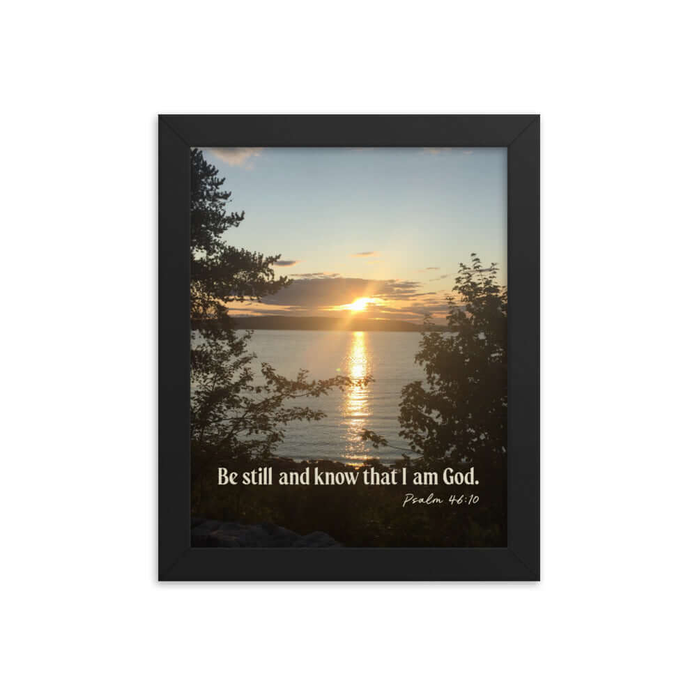 Psalm 46:10 Bible Verse, Sunset Glory Premium Luster Photo Paper Framed Poster Wall Art Black 8″×10″