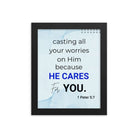 1 Peter 5:7 Bible Verse, casting all your worries on Him Premium Luster Photo Paper Framed Poster Wall Art Black 8″×10″