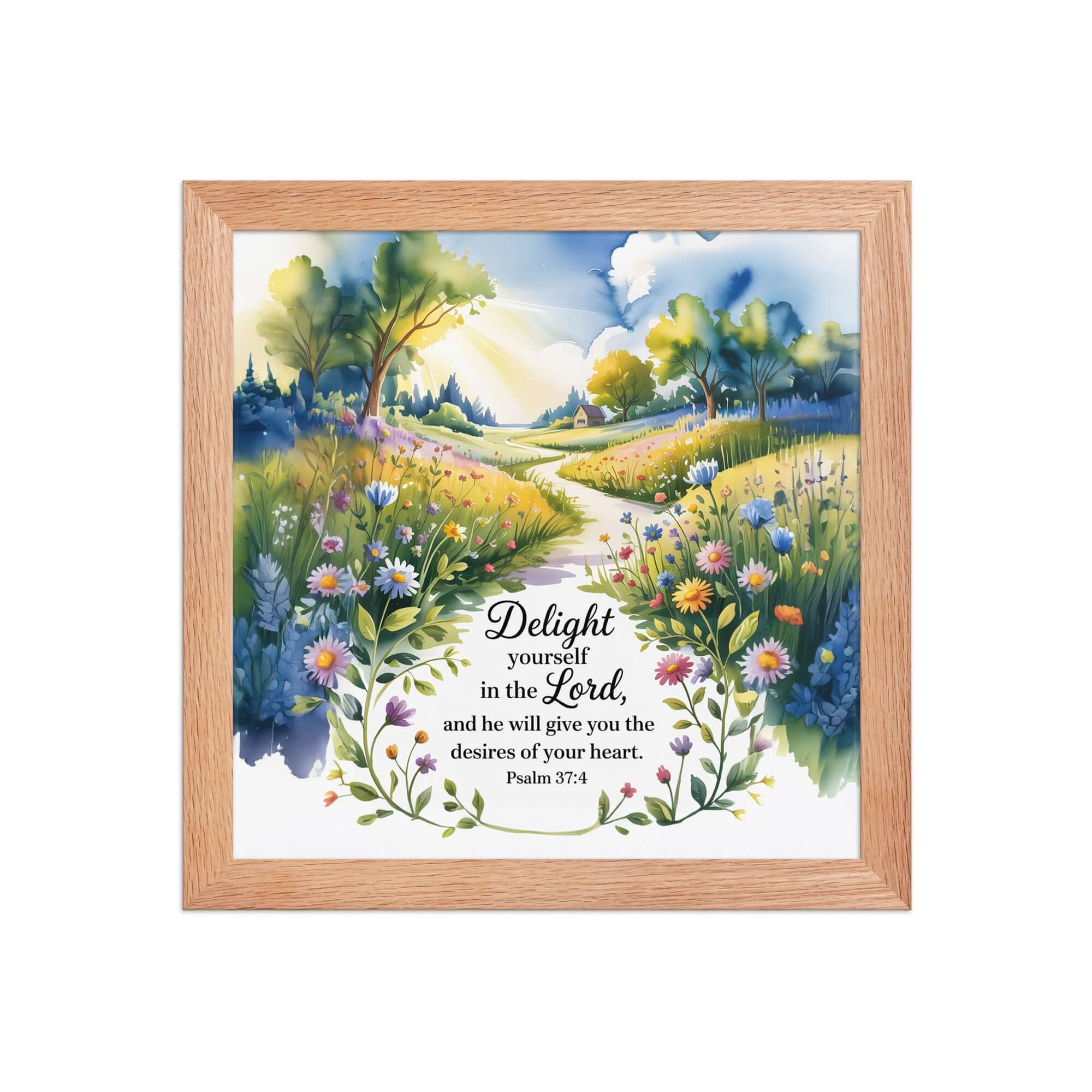 Psalm 37:4 Bible Verse, desires Premium Luster Photo Paper Framed Poster Red Oak 10″×10″