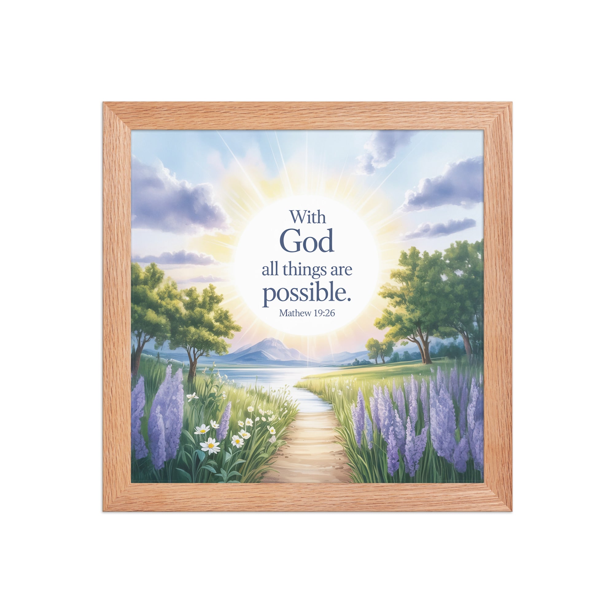 Matthew 19:26 Bible Verse Looking at Premium Luster Photo Paper Framed Poster Red Oak 10″×10″