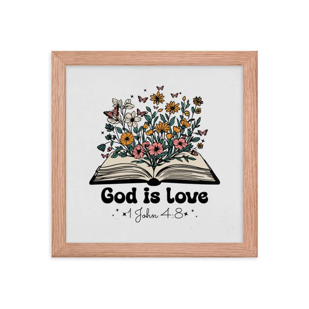 1 John 4:8 Bible Verse, God is Love Premium Luster Photo Paper Framed Poster Wall Art Red Oak 10″×10″