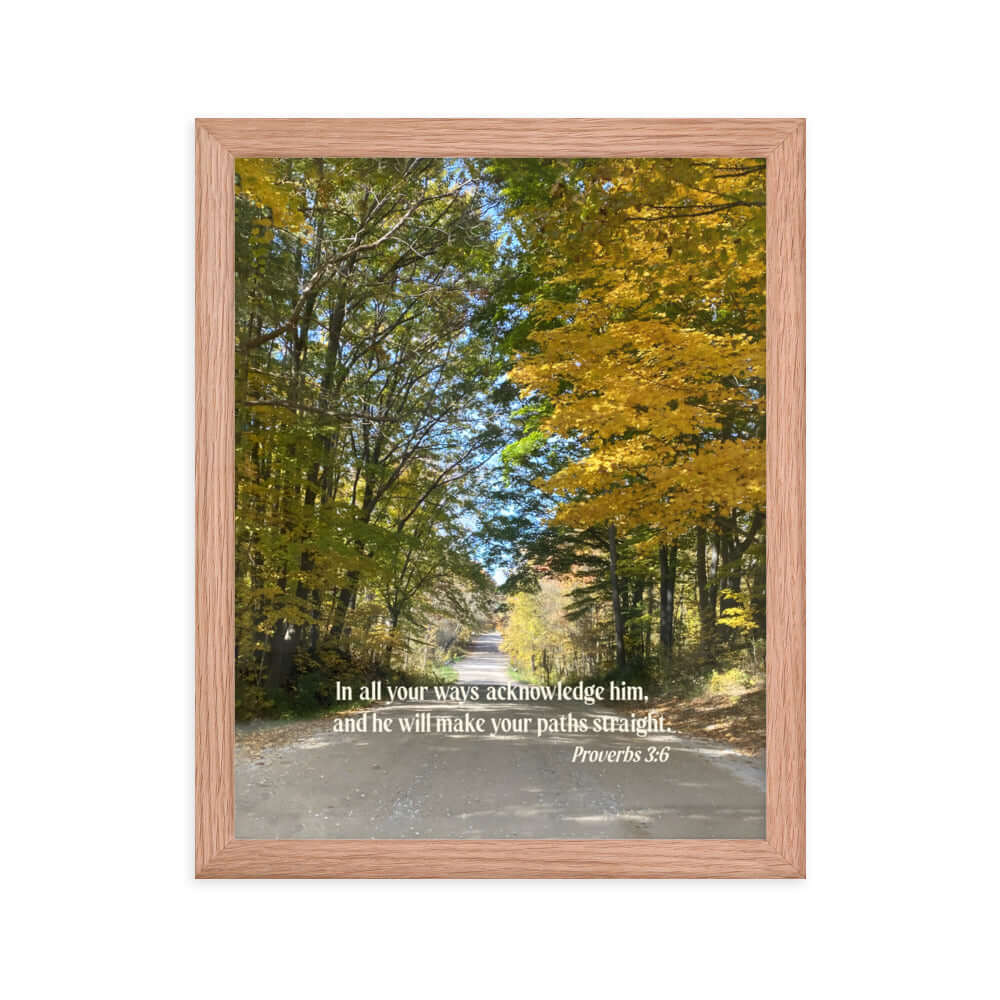 Proverbs 3:6 Bible Verse, Fall Road Premium Luster Photo Paper Framed Poster Wall Art Red Oak 11″×14″