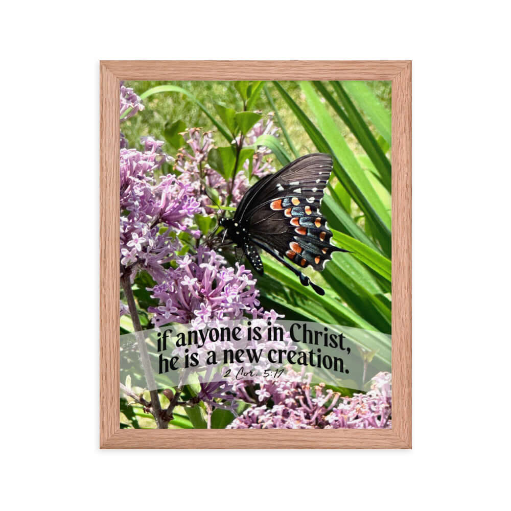 2 Corinthians 5:17 Bible Verse, Butterfly Premium Luster Photo Paper Framed Poster Wall Art Red Oak 11″×14″