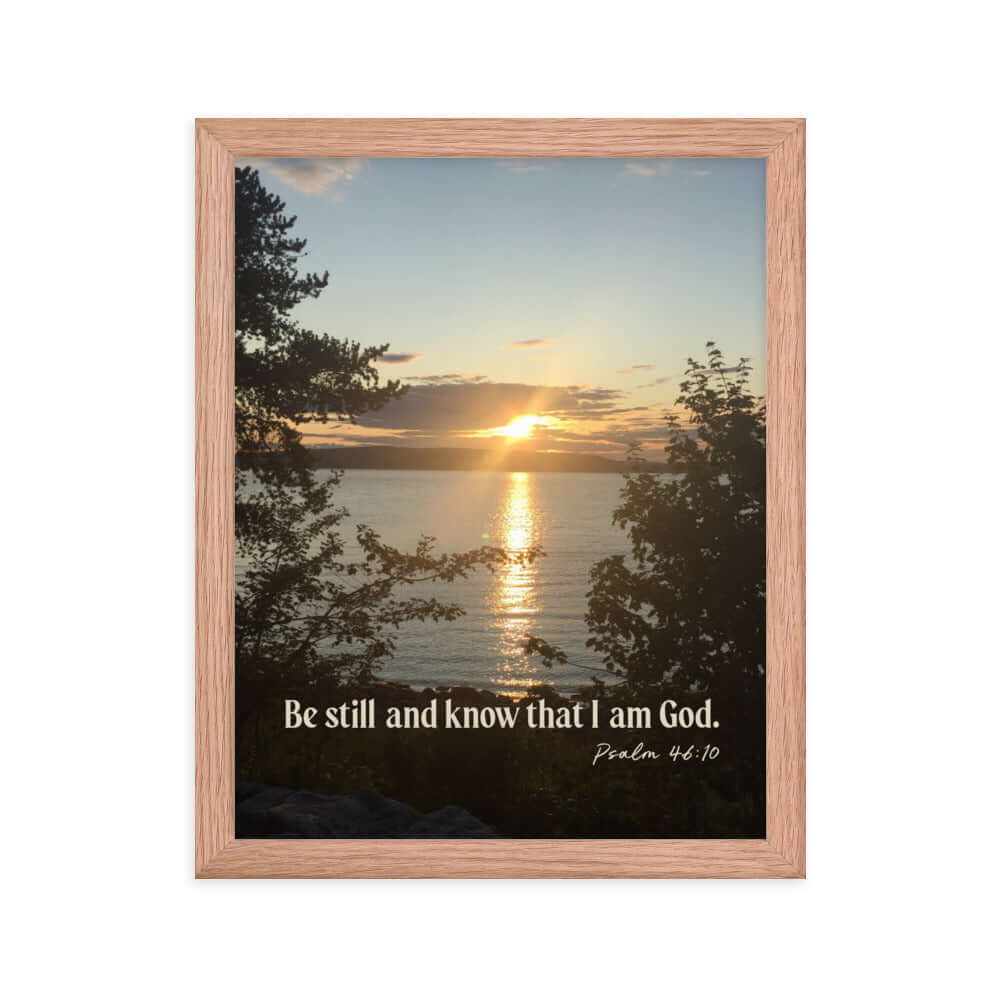 Psalm 46:10 Bible Verse, Sunset Glory Premium Luster Photo Paper Framed Poster Wall Art Red Oak 11″×14″