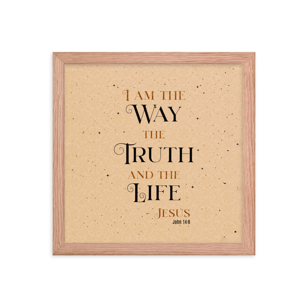 John 14:6 Bible Verse, Color Text Brown Background Premium Luster Photo Paper Framed Poster Wall Art Red Oak 12″×12″